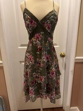 White House Black Market Olive Green Floral Slip Dress with Pink Flowers